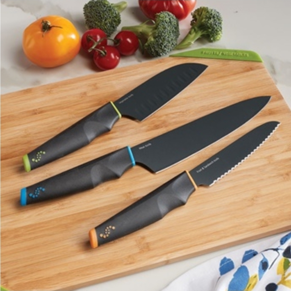 3-Piece Colored Handle Kitchen Knife Set - Black Blades